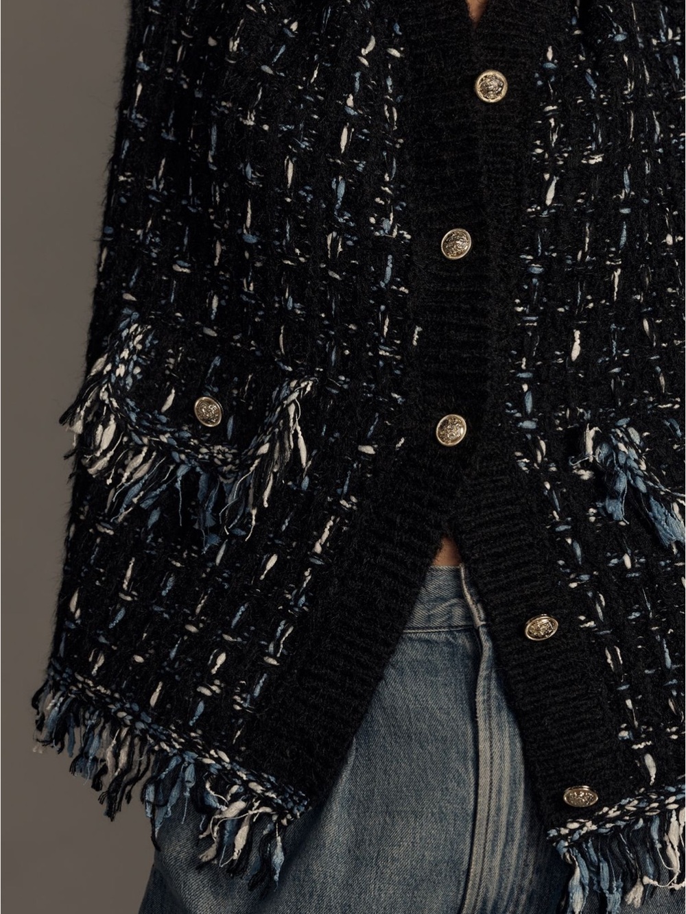 Anthropologie Black Tweed Cardigan with Blue and White Accents - Picture 10 of 11